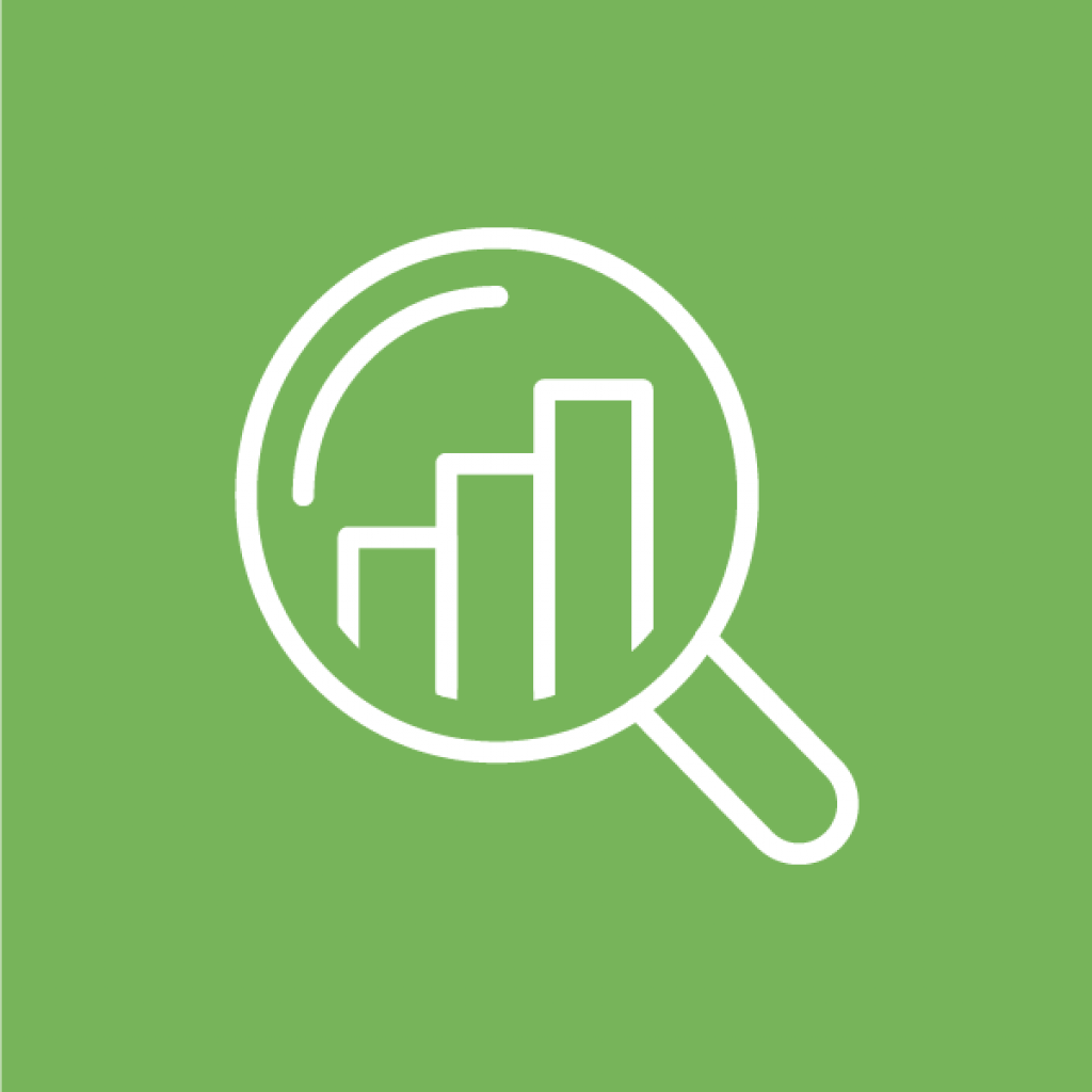 Magnifying glass looking at increasing bar graph icon.