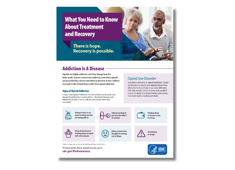 What You Need to Know About Treatment and Recovery There is hope. Recovery is possible. Addiction Is A Disease Opioids are highly addictive, and they change how the brain works. Anyone can become addicted, even when opioids are prescribed by a doctor and taken as directed. In fact, millions of people in the United States suffer from opioid addiction. Signs of Opioid Addiction A major warning sign of addiction is if a person keeps using opioids even though taking them has caused problems—like trouble keeping a job, relationship turmoil, or run-ins with law enforcement. Other signs can include:1 Opioid Use Disorder Sometimes referred to as “opioid addiction,” opioid use disorder is a chronic and relapsing disease that affects the body and brain. It can cause difficulties with tasks at work, school, or home, and can affect someone’s ability to maintain healthy relationships. It can even lead to overdose and death. Trying to stop or cut down on drug use, but not being able to. Taking one drug to get over the effects of another. Using drugs because of being angry or upset with other people. Being scared at the thought of running out of drugs. Stealing drugs or money to pay for drugs. Overdosing on drugs. To learn more about opioid misuse, go to cdc.gov/RxAwareness. 1 findtreatment.gov/content /understanding-addiction/addiction-can-affect-anyone Recovery Is Possible Recovery does not happen overnight. Asking for help from family, friends, co-workers, and others can make a big difference. Tell them your reasons for quitting and ask them to check in with you about how things are going. If you know or suspect someone is struggling, ask if you can help. Treatment Can Help Treatment can help people get their lives back before it is too late. No single treatment method is right for everyone, but research shows that combining behavioral therapy with medication is the most effective approach for overcoming opioid addiction. Addiction is a disease that for many involves long-term follow-up and repeated care to be effective and prevent relapse. When people make a recovery plan that includes medication for opioid use disorder, their chances of success increase. Medications can help normalize brain chemistry, relieve cravings, and in some cases prevent withdrawal symptoms. Medication-Assisted Treatment Options Talk with your doctor to find out what types of medication are available in your area and what options are best for you. Be sure to ask about the risk of relapse and overdose. Behavioral Health Treatment Services Locator: findtreatment.samhsa.gov Opioid Treatment Program Directory by State: dpt2.samhsa.gov/treatment/ directory.aspx Health Center Locator: findahealthcenter.hrsa.gov Mental Health and Addiction Insurance Help: hhs.gov/programs/topic-sites/ mental-health-parity/mentalhealth-and-addiction-insurancehelp/index.html Find Treatment Services Use these resources to find services that fit your needs: Methadone • Available as daily liquid • Can only be used in a certified opioid treatment program setting Buprenorphine • Available as dissolving tablet, cheek film, or 6-month implant under the skin • Can be prescribed by a doctor for use outside of a clinic Naltrexone • Can be prescribed by any healthcare provider who can legally prescribe medication • Only used for people who have not used opioids for at least 7–10 days Additional resources to access help: • Medication-Assisted Treatment (MAT) • Decisions in Recovery: Treatment for Opioid Use Disorder • Facing Addiction in America | The Surgeon General’s Report on Alcohol, Drugs, and Health