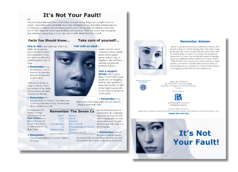 Informative flyer aimed at young individuals who might be impacted by a parent's alcohol or drug abuse, including statistics about addiction in families and suggestions on taking care of yourself.