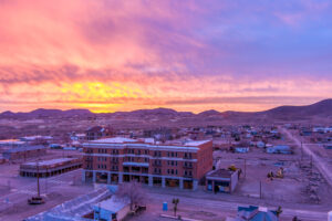 Aerial drone view of Goldfield Nevada, a mining town between Reno and Las Vegas, in Esmeralda County at sunrise.