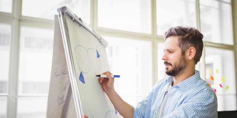 Man drawing flow chart on paper easel