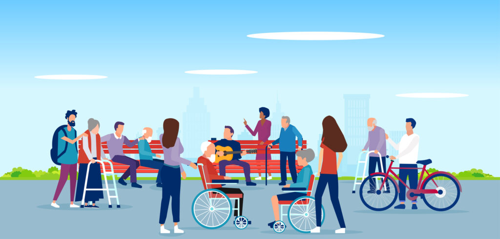 Vector of disabled elderly people, handicapped characters being assisted and entertained by young volunteers in the city park