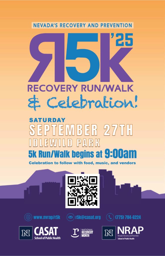 Flyer for the R5K’25 Recovery Run/Walk & Celebration, hosted by Nevada’s Recovery and Prevention (NRAP). The event takes place Saturday, September 27th at Idlewild Park. The 5K Run/Walk begins at 9:00 a.m. with a celebration to follow, including food, music, and vendors. The flyer features a city skyline silhouette, QR code for more information, and contact details: website www.nvrap.org/r5k, email r5k@casat.org, and phone number (775) 784-6224. Logos for CASAT, National Recovery Month, and NRAP are shown at the bottom.