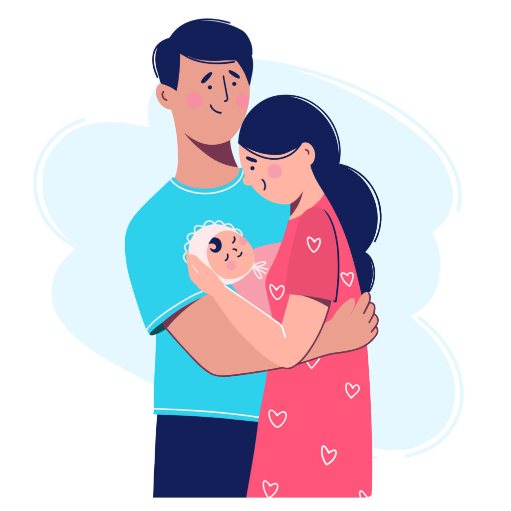 Vector illustration in flat style of young family with newborn.
