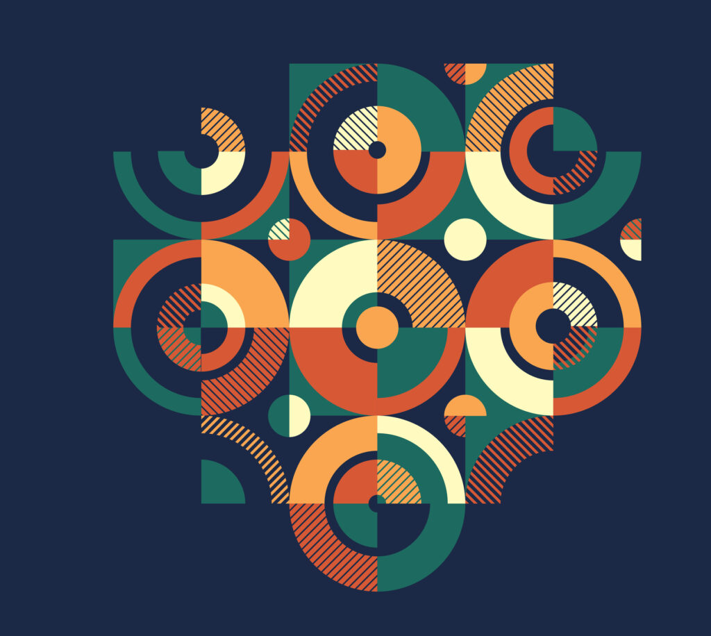 Geometric Aztec-style motif on dark modular tiles; ethnic, abstract ceramic-inspired design.
