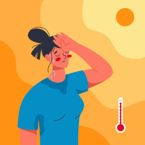 Young woman suffering from heat stroke symptoms. Unbearable hot summer. Flat vector illustration of summer heat wave
