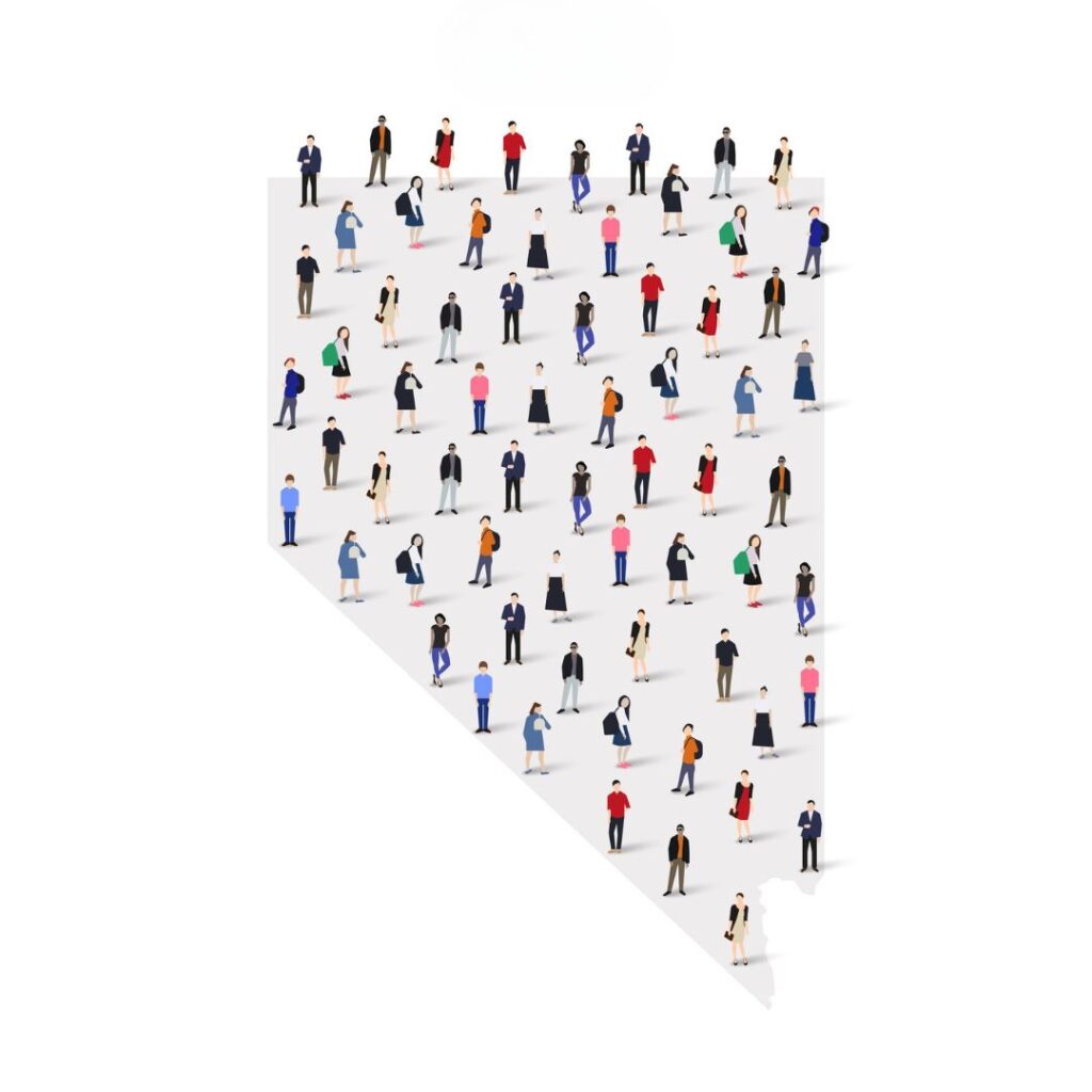 Illustration of numerous people on a Nevada-shaped background.