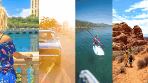A four-photo collage showing: A woman in a blue floral dress looking out at the Bellagio fountains in Las Vegas. A classic blue muscle car at a street event with bright sunlight. Someone paddleboarding on a calm lake (possibly Lake Tahoe). An adult and child walking through striking red rock formations.