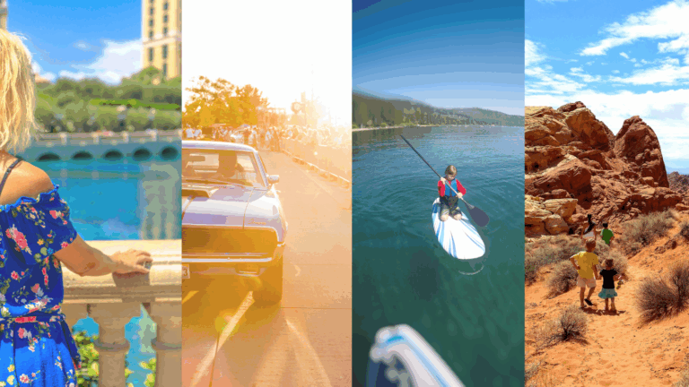 A four-photo collage showing: A woman in a blue floral dress looking out at the Bellagio fountains in Las Vegas. A classic blue muscle car at a street event with bright sunlight. Someone paddleboarding on a calm lake (possibly Lake Tahoe). An adult and child walking through striking red rock formations.