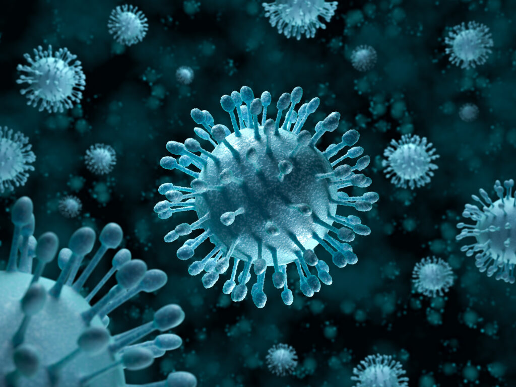 Digital illustration of hepatitis C virus particles with spiky protrusions.