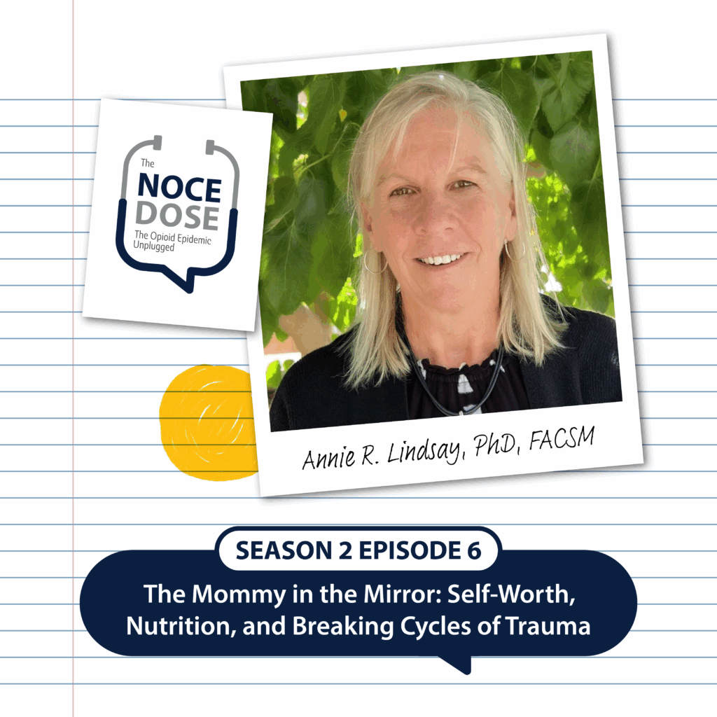 The NOCE Dose s2e6 episode cover with Annie R. Lindsay, PhD, FACSM Title reads The Mommy in the Mirror: Self-Worth, Nutrition, and Breaking Cycles of Trauma