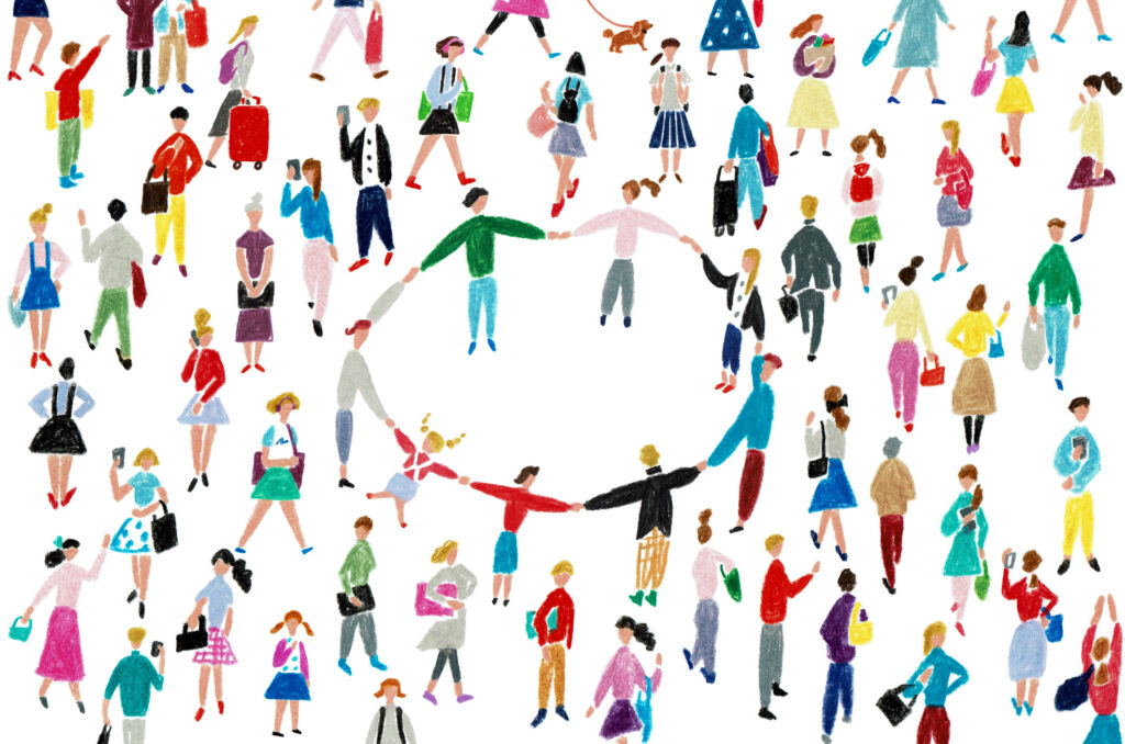 Illustrated scene of many diverse people of different ages and backgrounds walking and interacting, with some holding hands to form a loose circle, representing community, connection, and inclusion.