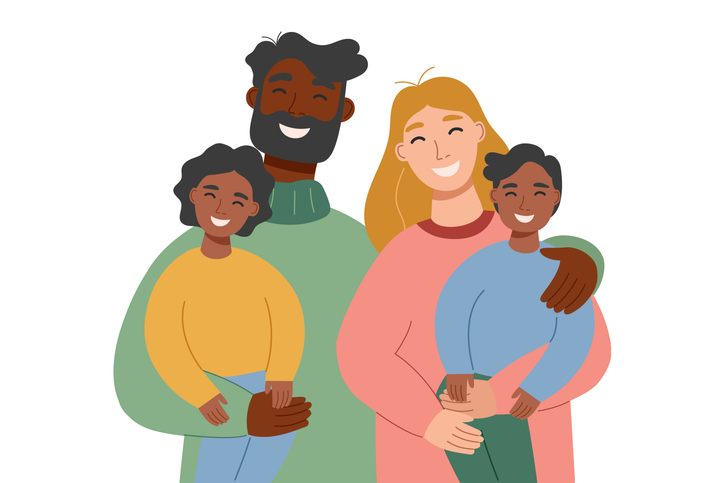 Illustrated image of a smiling, diverse family of four standing together, with two adults and two children shown in a warm, supportive pose against a white background.