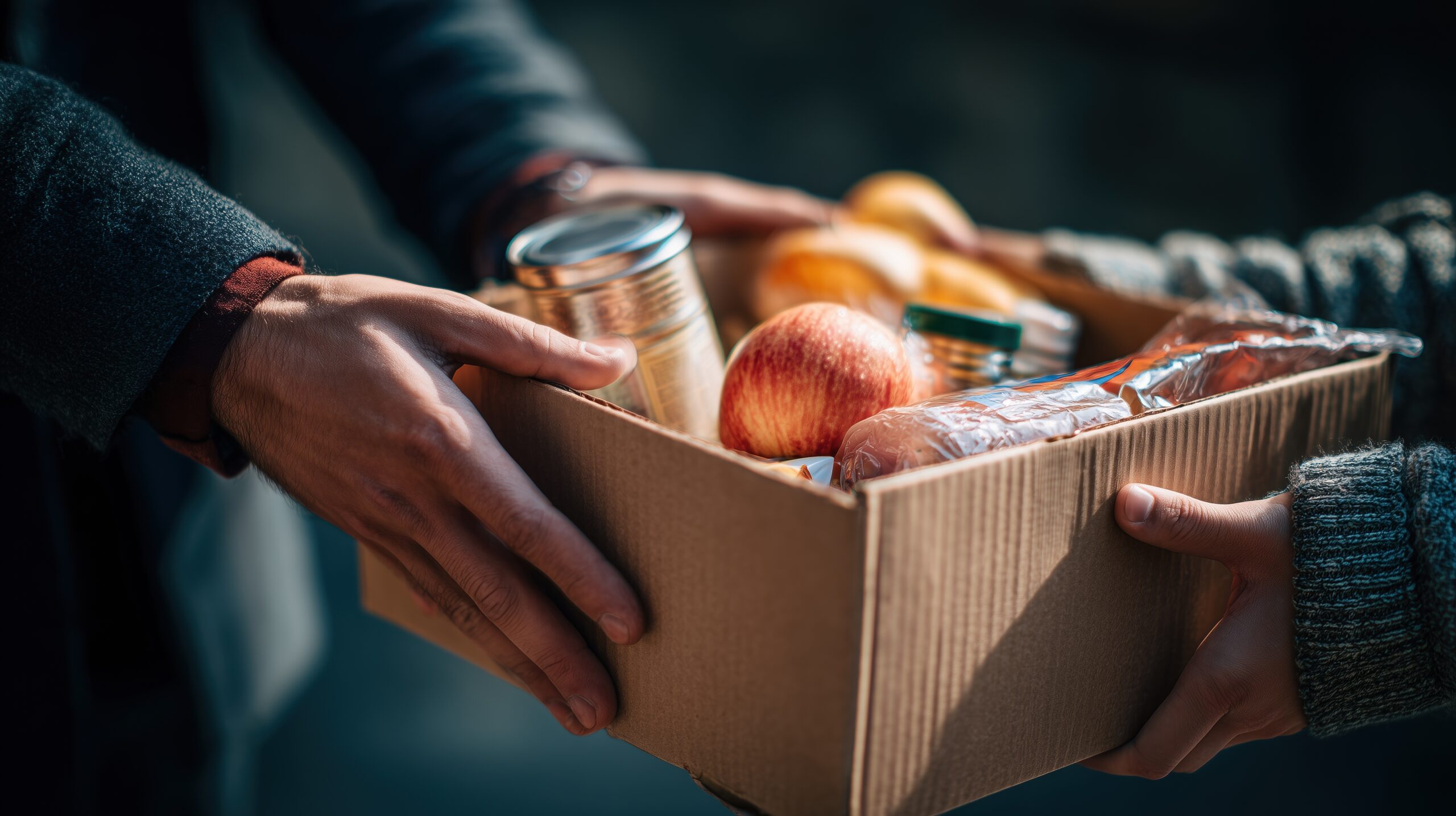 Two hands exchanging a cardboard box filled with food items, including fruits and canned goods. The scene represents community support and generosity.