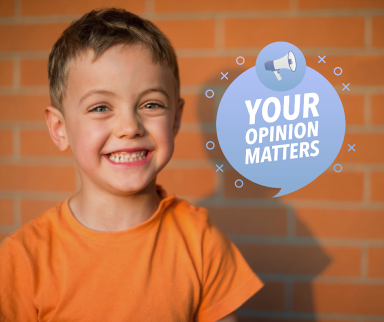 Share your feedback in a chat bubble next to a young child