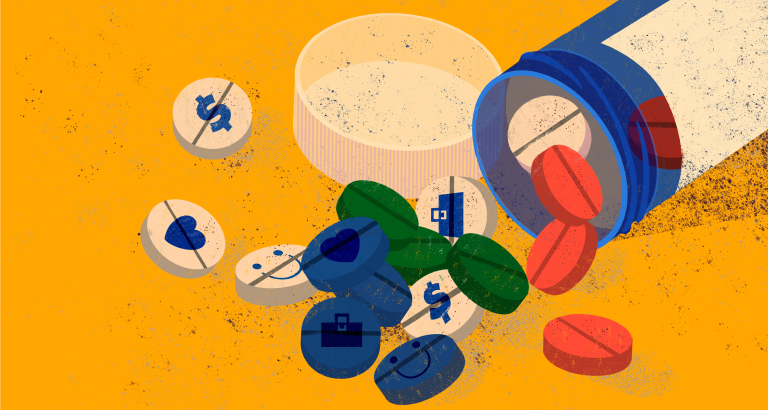 Opioid abuse public health issue. Pills opioid bottle near a pile of analgesics.