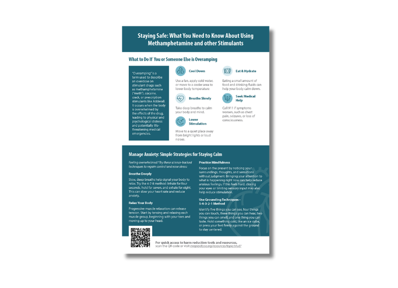 A resource for people who use methamphetamine and other stimulants, covering how to recognize and respond to overamping, safer use practices, and support resources.