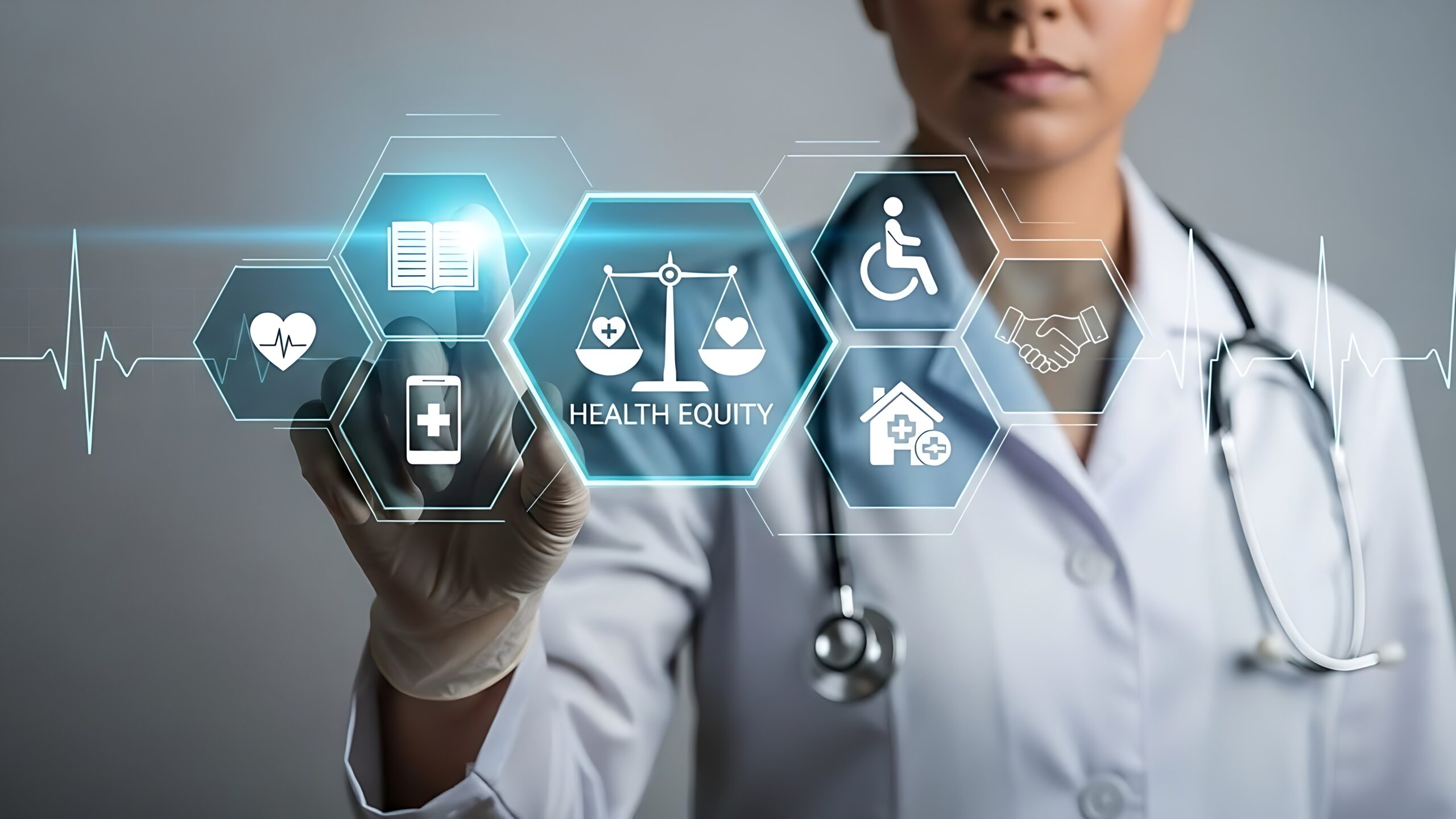 Doctor interacting with digital health equity interface featuring medical care, accessibility, and community support icons.