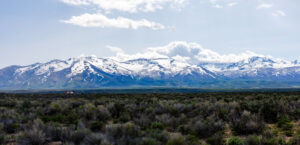 Panorama of the East Humboldt Range in Elko County, Nevada during spring with snow.