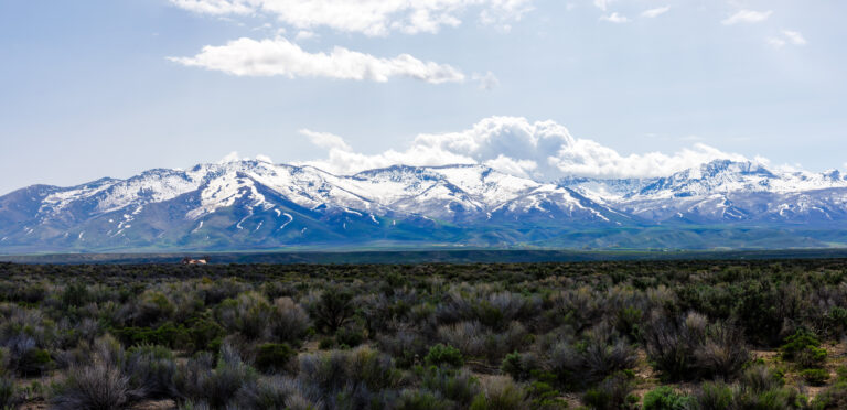 Panorama of the East Humboldt Range in Elko County, Nevada during spring with snow.