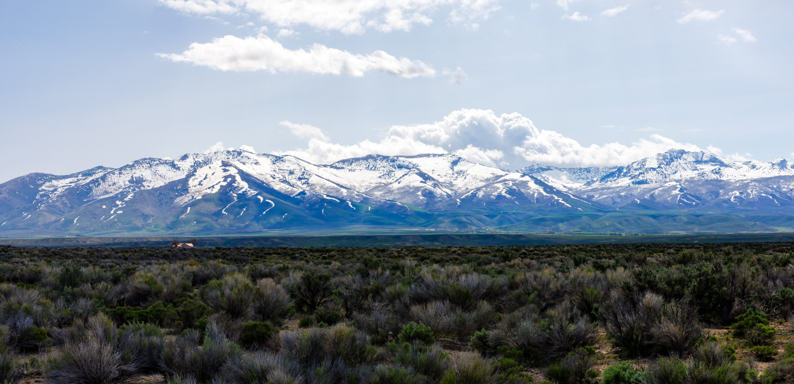 Panorama of the East Humboldt Range in Elko County, Nevada during spring with snow.