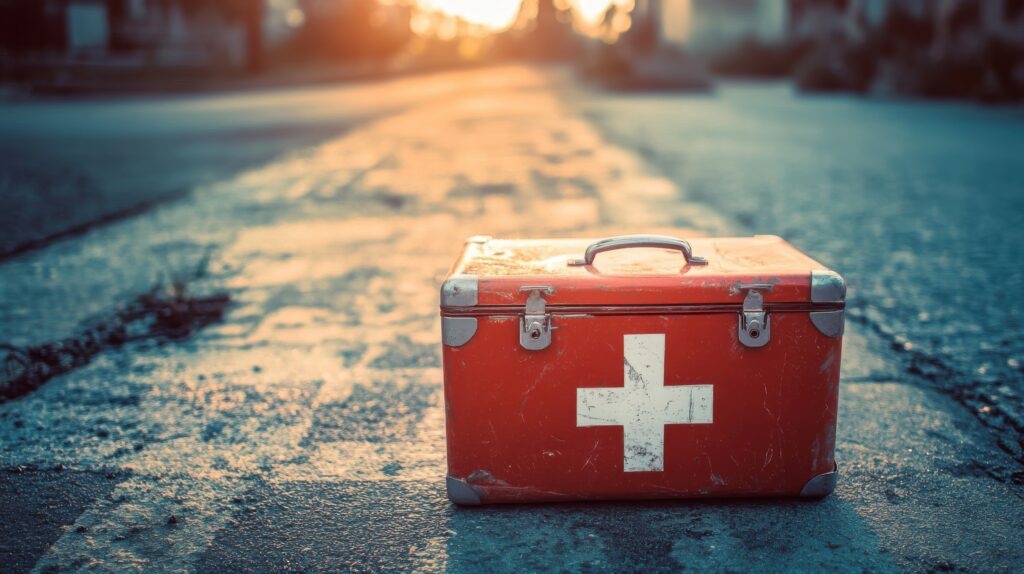 A red first aid box placed on a concrete pavement in an outdoor setting.