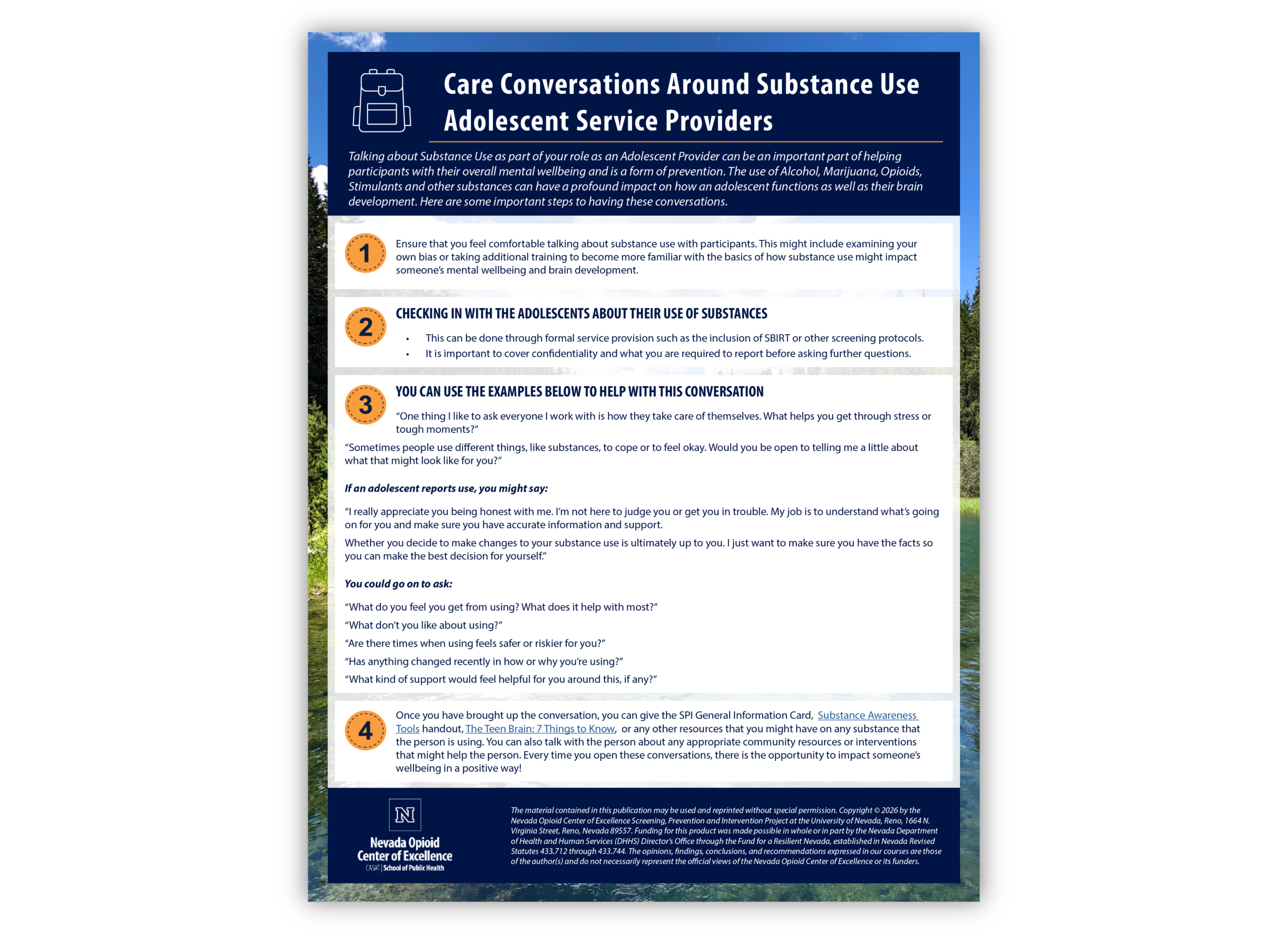 Care Conversations Around Substance Use: Adolescent Service Providers, a four-section guide to discussing substance use with adolescents.