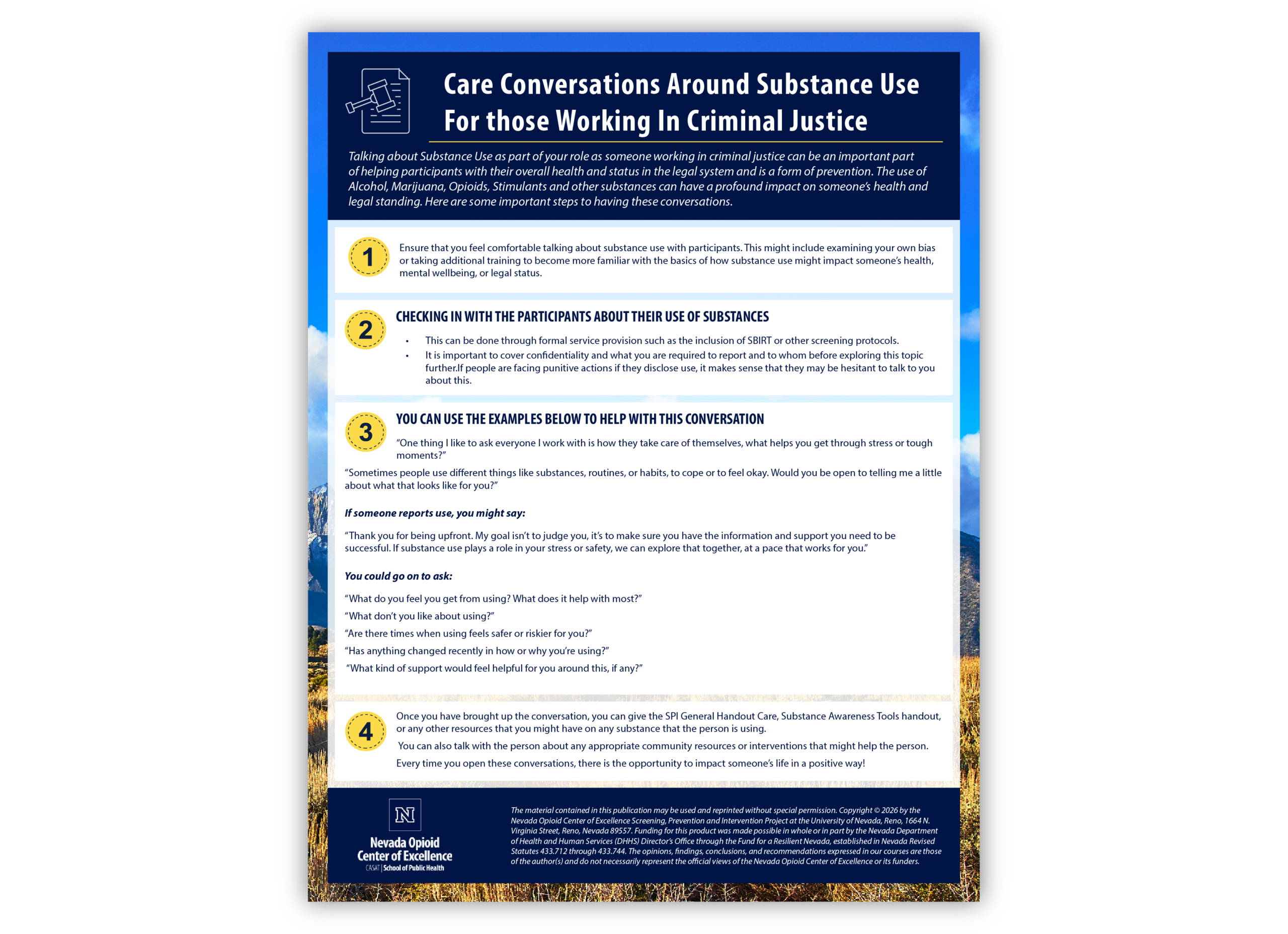 Care Conversation Around Substance Use For those Working In Criminal Justice, a guide outlining four strategies for discussing substance use with people.