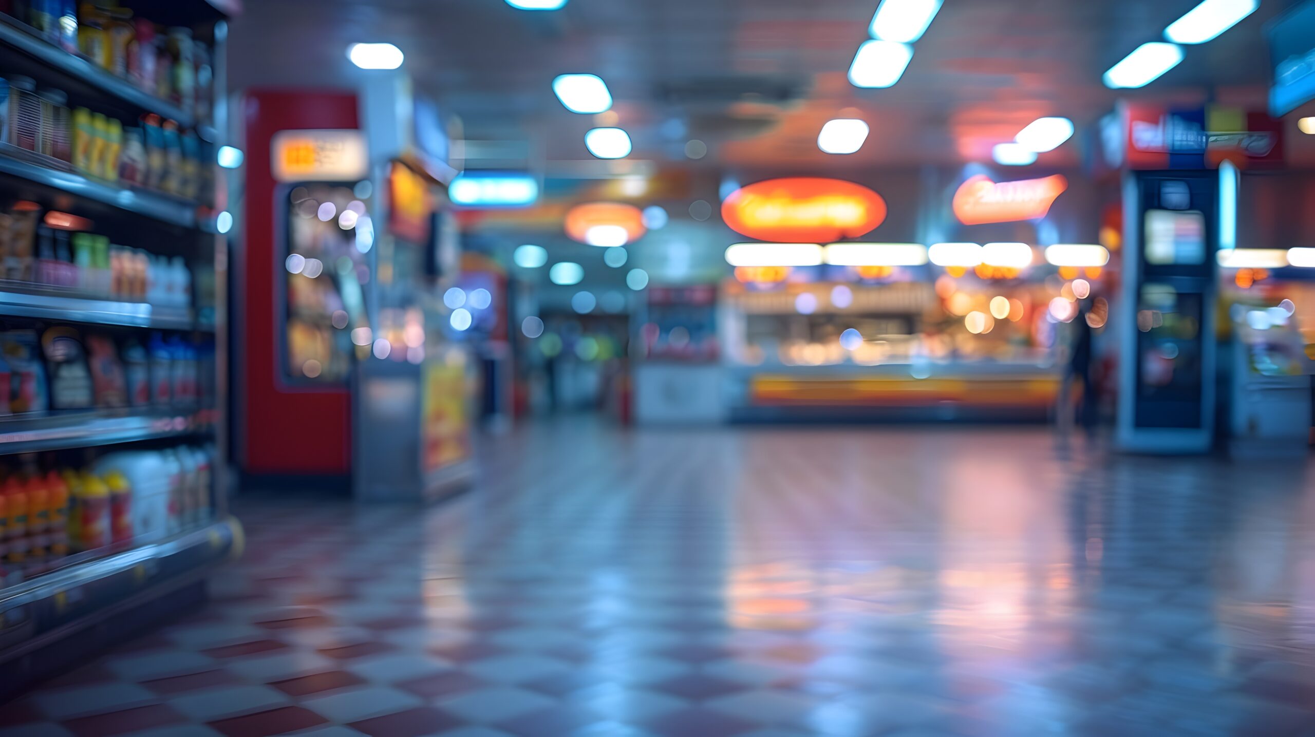 Blurred,defocused interior of a convenience store food counter with shelves of products,merchandise,and neon lighting. Shallow depth of field creates a softly lit,atmospheric scene.