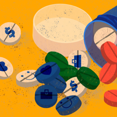 Opioid abuse public health issue. Pills opioid bottle near a pile of analgesics.