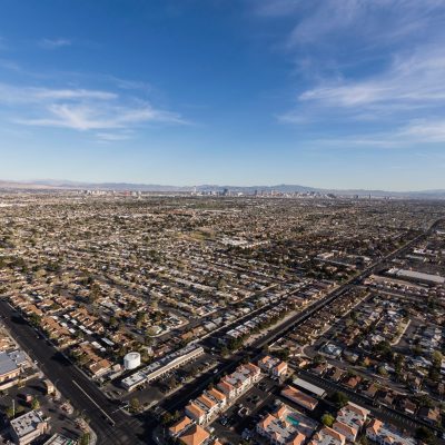 Aerial view of sprawling suburban Las Vegas homes and streets in Southern Nevada.