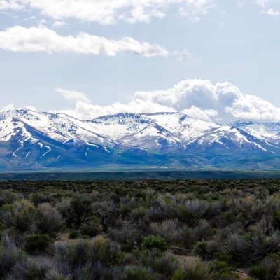 Panorama of the East Humboldt Range in Elko County, Nevada during spring with snow.