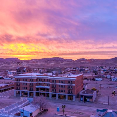 Aerial drone view of Goldfield Nevada, a mining town between Reno and Las Vegas, in Esmeralda County at sunrise.