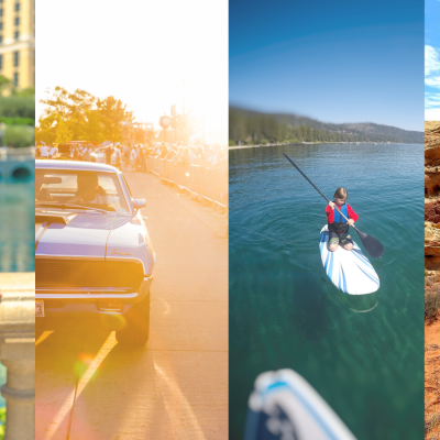 A four-photo collage showing: A woman in a blue floral dress looking out at the Bellagio fountains in Las Vegas. A classic blue muscle car at a street event with bright sunlight. Someone paddleboarding on a calm lake (possibly Lake Tahoe). An adult and child walking through striking red rock formations.